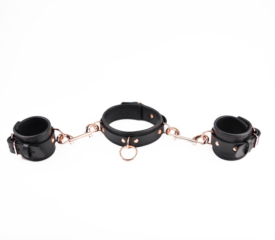 Rose Gold Leather Bondage Restraint Set | Handcrafted BDSM Collar, Wrist Cuffs With 3-Way Connector | SetCf3Col453WayBlkRg Image # 217315