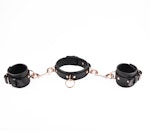 Rose Gold Leather Bondage Restraint Set | Handcrafted BDSM Collar, Wrist Cuffs With 3-Way Connector | SetCf3Col453WayBlkRg Thumbnail # 217315