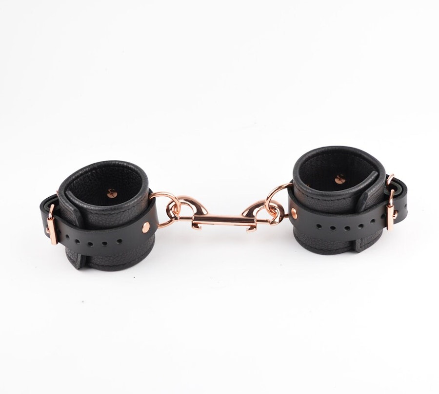 Rose Gold Leather Bondage Restraint Set | Handcrafted BDSM Collar, Wrist Cuffs With 3-Way Connector | SetCf3Col453WayBlkRg Image # 217316