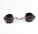 Rose Gold Leather Bondage Restraint Set | Handcrafted BDSM Collar, Wrist Cuffs With 3-Way Connector | SetCf3Col453WayBlkRg Thumbnail # 217316