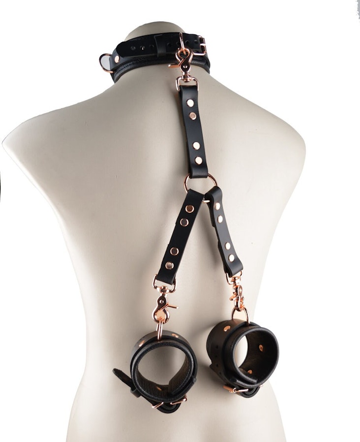 Rose Gold Leather Bondage Restraint Set | Handcrafted BDSM Collar, Wrist Cuffs With 3-Way Connector | SetCf3Col453WayBlkRg Image # 217314