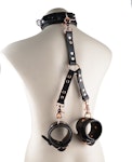 Rose Gold Leather Bondage Restraint Set | Handcrafted BDSM Collar, Wrist Cuffs With 3-Way Connector | SetCf3Col453WayBlkRg Thumbnail # 217314