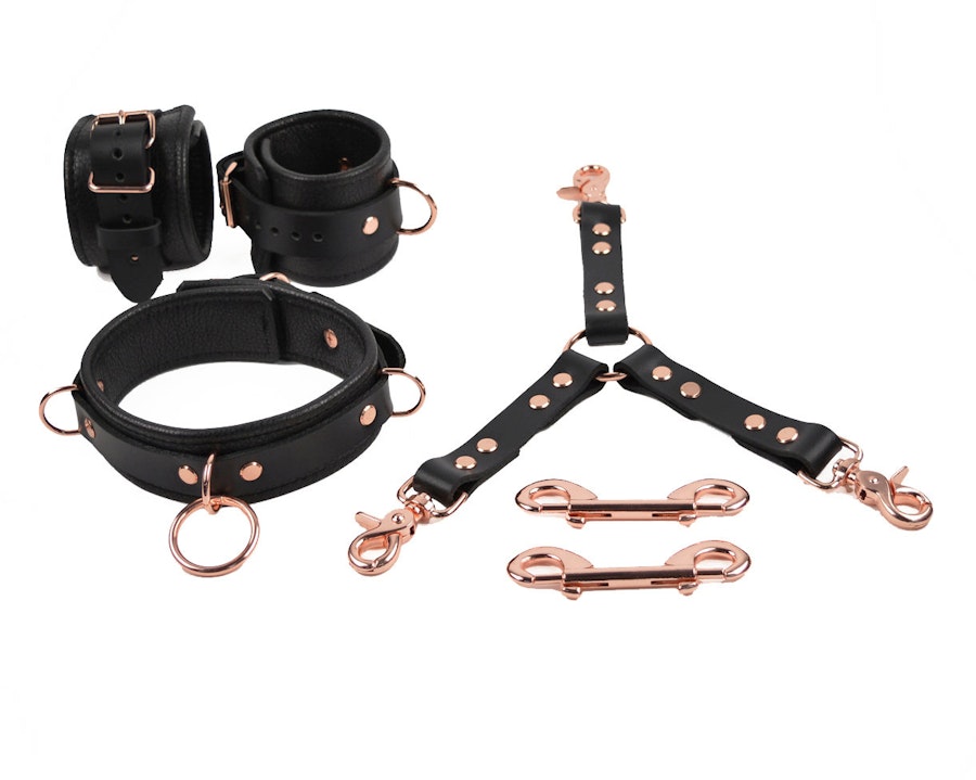 Rose Gold Leather Bondage Restraint Set | Handcrafted BDSM Collar, Wrist Cuffs With 3-Way Connector | SetCf3Col453WayBlkRg Image # 217313