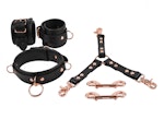 Rose Gold Leather Bondage Restraint Set | Handcrafted BDSM Collar, Wrist Cuffs With 3-Way Connector | SetCf3Col453WayBlkRg Thumbnail # 217313