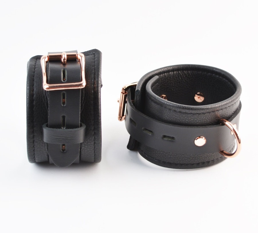 Black Leather Bondage Restraint Set Handcrafted BDSM Collar, Wrist & Ankle Cuffs, Cross Connector, Snap Hooks, Padlocks Image # 217420