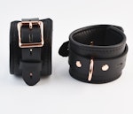 Black Leather Bondage Restraint Set Handcrafted BDSM Collar, Wrist & Ankle Cuffs, Cross Connector, Snap Hooks, Padlocks Thumbnail # 217422