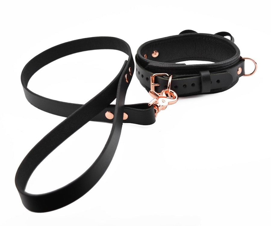 Premium BDSM Black Leather Bow & Kitten Bell Collar & Leash Image # 217400