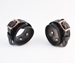 Black Leather Bondage Restraint Set Handcrafted BDSM Collar, Wrist & Ankle Cuffs, Cross Connector, Snap Hooks, Padlocks Thumbnail # 217423