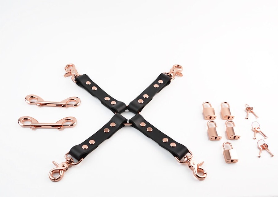 Black Leather Bondage Restraint Set Handcrafted BDSM Collar, Wrist & Ankle Cuffs, Cross Connector, Snap Hooks, Padlocks Image # 217424