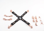 Black Leather Bondage Restraint Set Handcrafted BDSM Collar, Wrist & Ankle Cuffs, Cross Connector, Snap Hooks, Padlocks Thumbnail # 217424