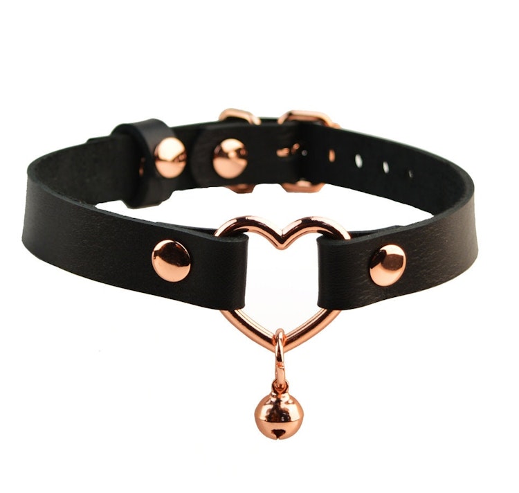 Secret Message Custom Engraved Leather Collar with Rose Gold Heart & Kitten Bell photo