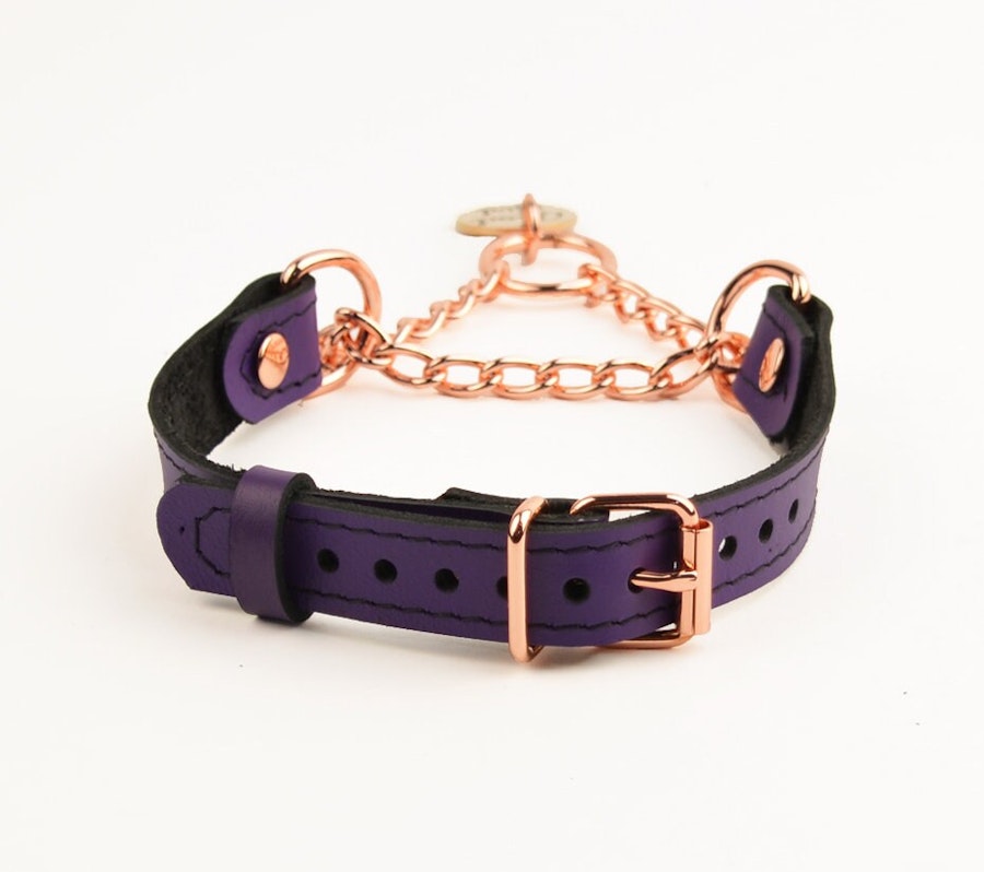 Purple Leather Custom Engraved Martingale Day Collar with Rose Gold Round Pendant Image # 217573
