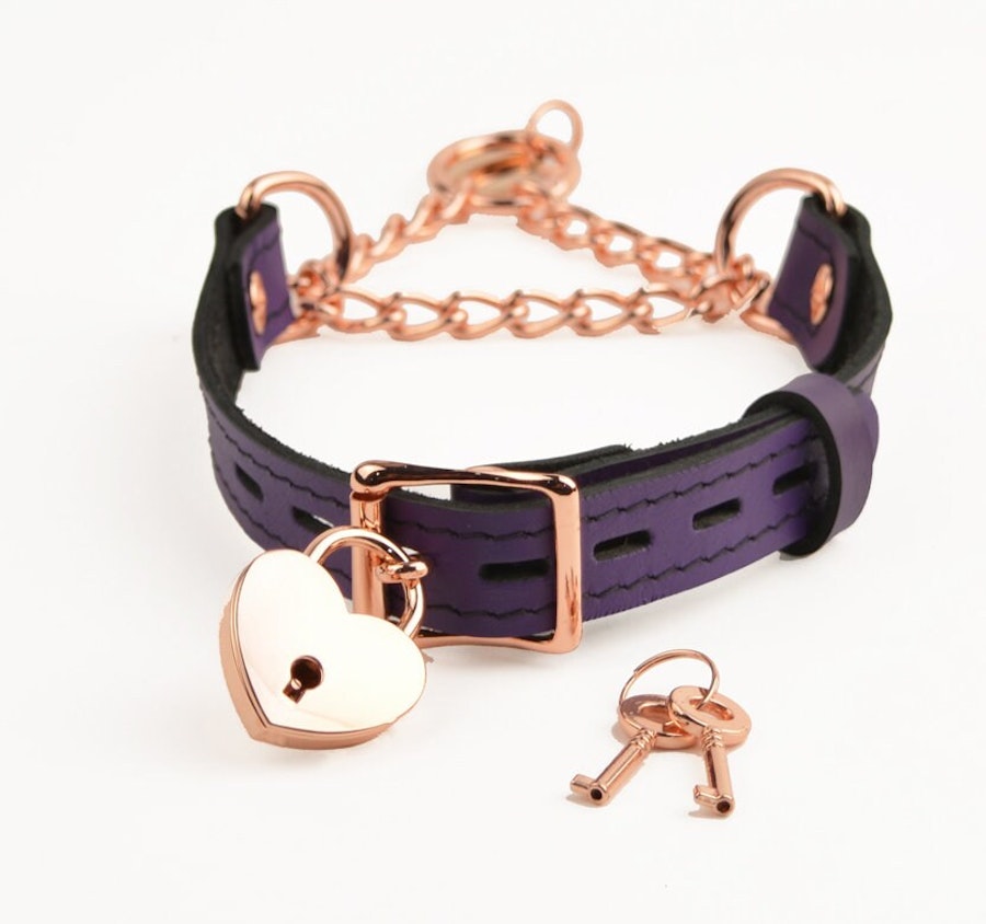 Purple Leather Custom Engraved Martingale Day Collar with Rose Gold Round Pendant Image # 217572