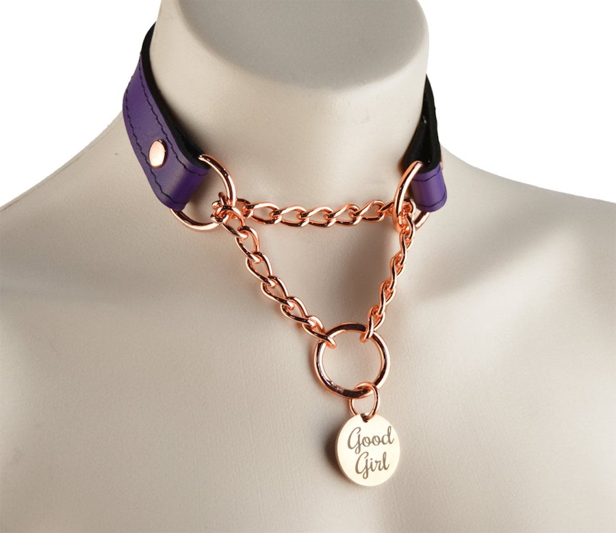 Purple Leather Custom Engraved Martingale Day Collar with Rose Gold Round Pendant