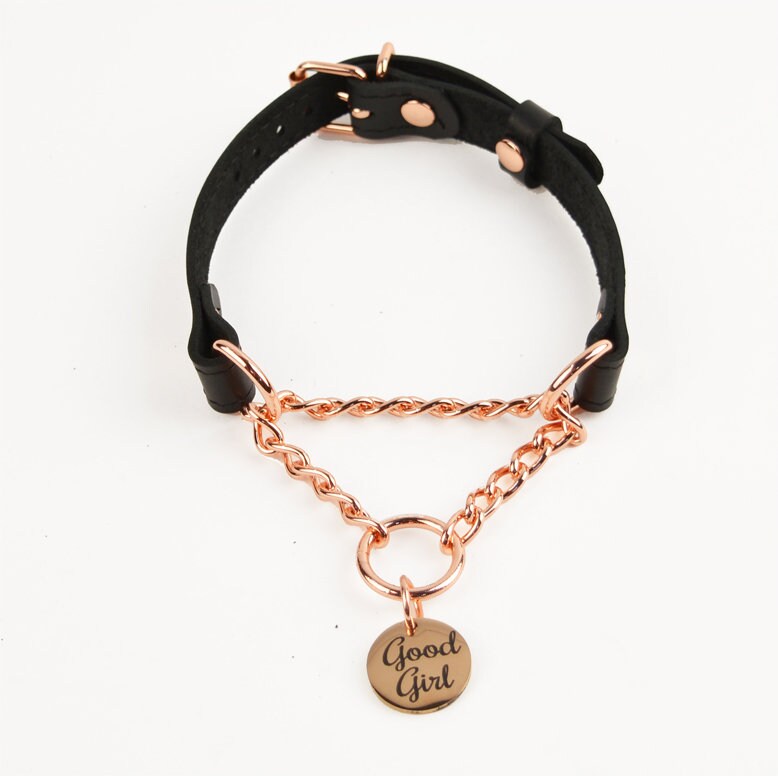 Black Leather Custom Engraved Martingale Day Collar with Rose Gold Round Pendant photo