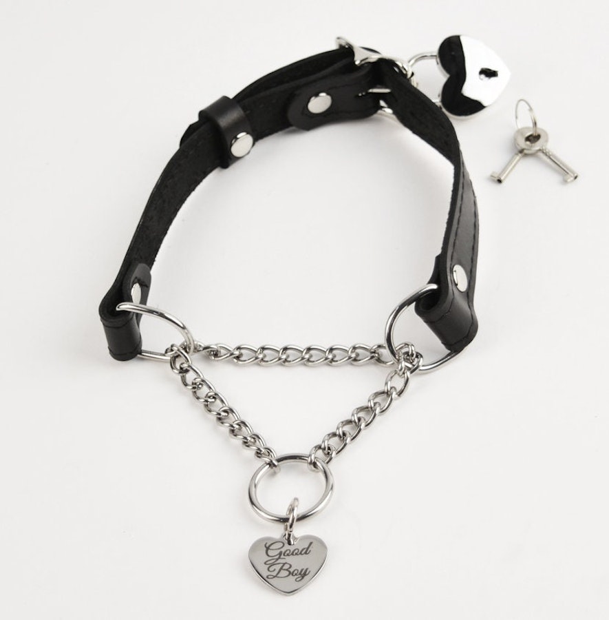 Black Leather Custom Engraved Martingale Day Collar with Silver Love Heart Pendant Image # 217120