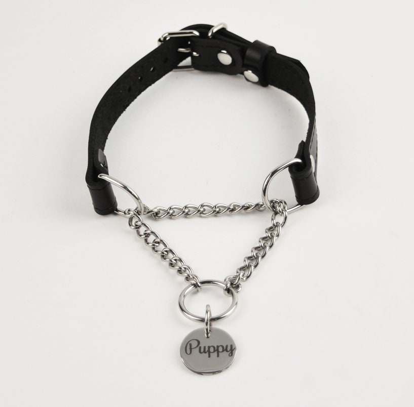 Black Leather Custom Engraved Martingale Day Collar with Silver Round Pendant photo