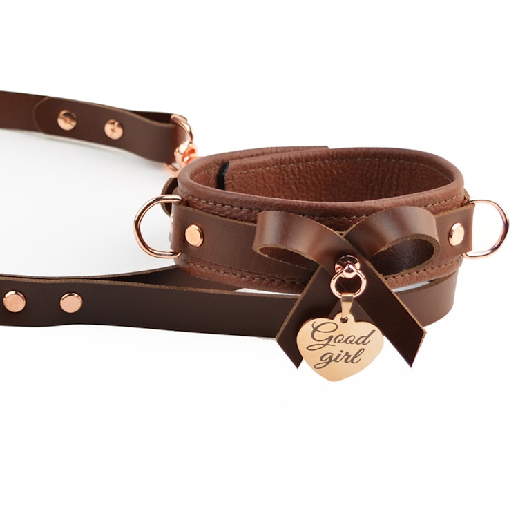 Premium BDSM Brown Leather Bow Collar & Leash With Custom Engraved Rose Gold Pendant photo