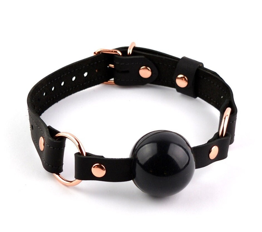 Black Leather & Rose Gold Premium Single Strap Ball Gag - Black Ball