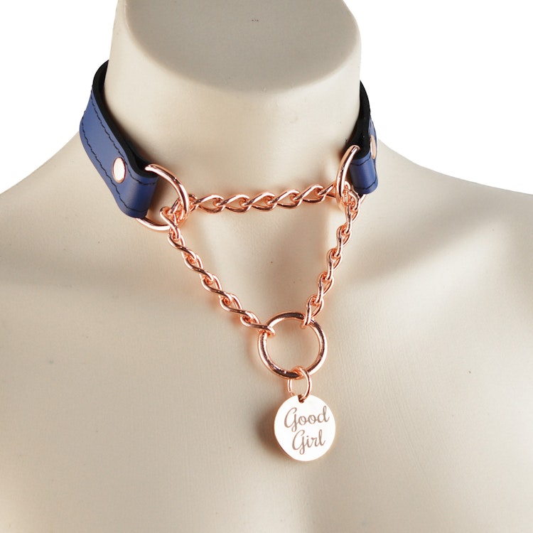 Deep Blue Custom Engraved Martingale Day Collar Luxury Leather with Round Rose Gold Pendant photo