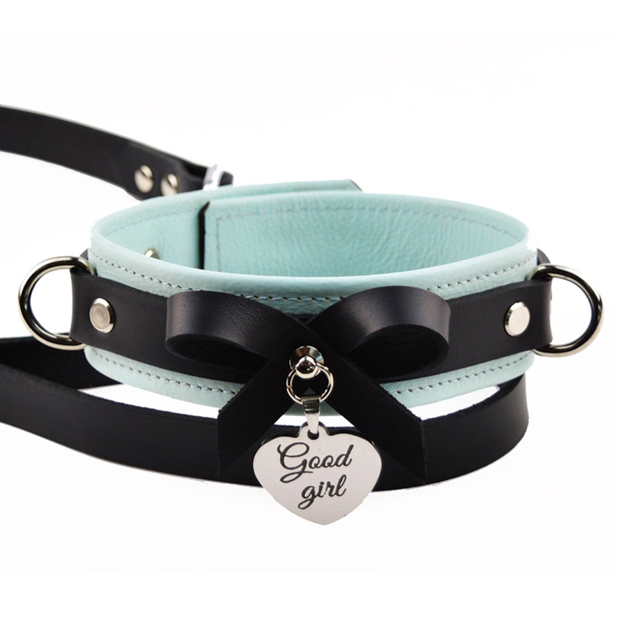 Premium BDSM Aqua Adore Blue Leather Bow Collar & Leash With Custom Engraved Silver Pendant