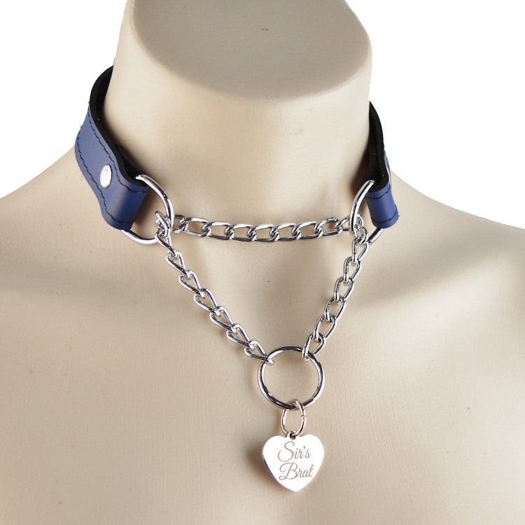 Deep Blue Custom Engraved Martingale Day Collar Luxury Leather with Silver Love Heart Pendant photo