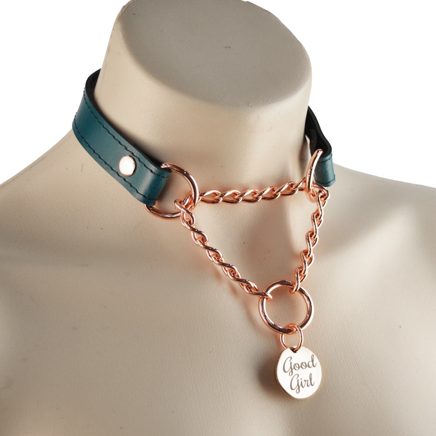 Emerald Green Custom Engraved Martingale Day Collar Luxury Leather with Round Rose Gold Pendant