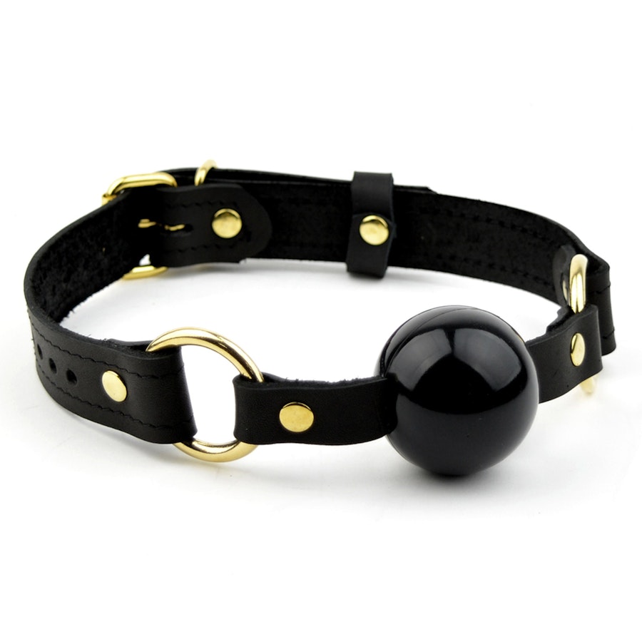 Black Leather & Gold Premium Single Strap Ball Gag - Black Ball
