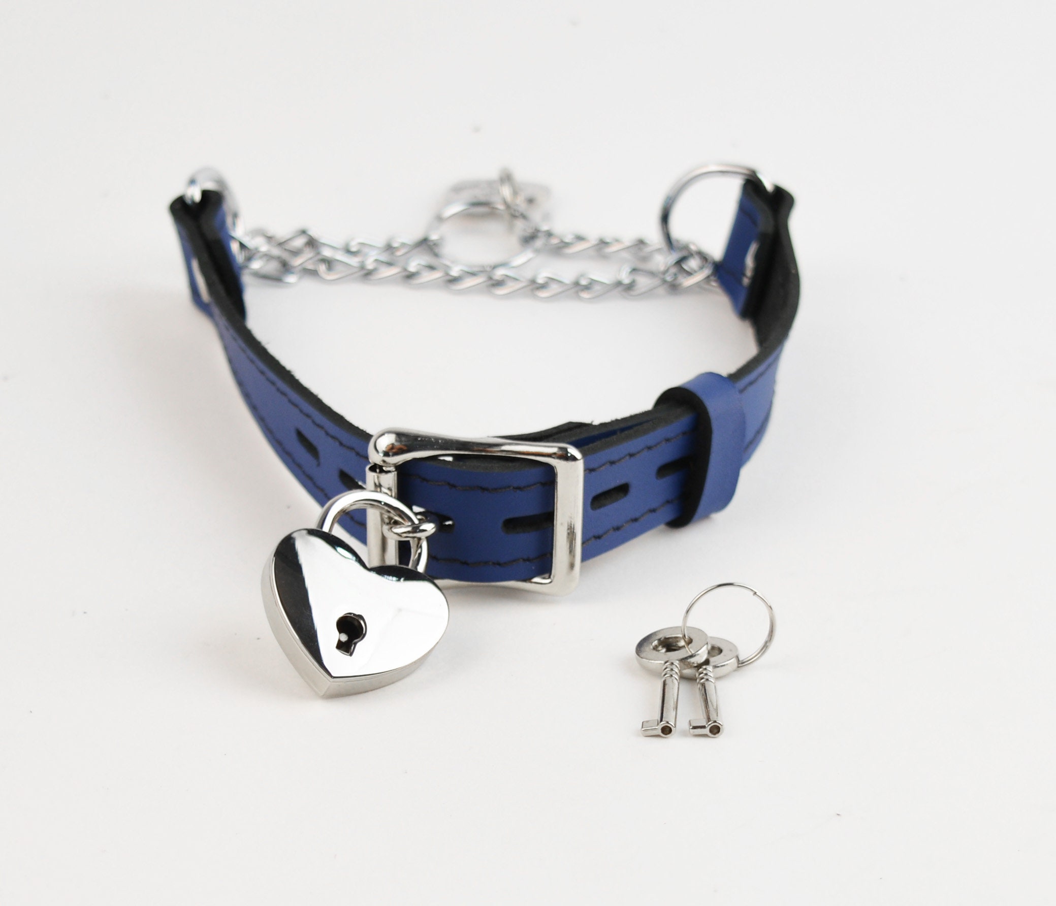 Deep Blue Custom Engraved Martingale Day Collar Luxury Leather with Silver Love Heart Pendant photo