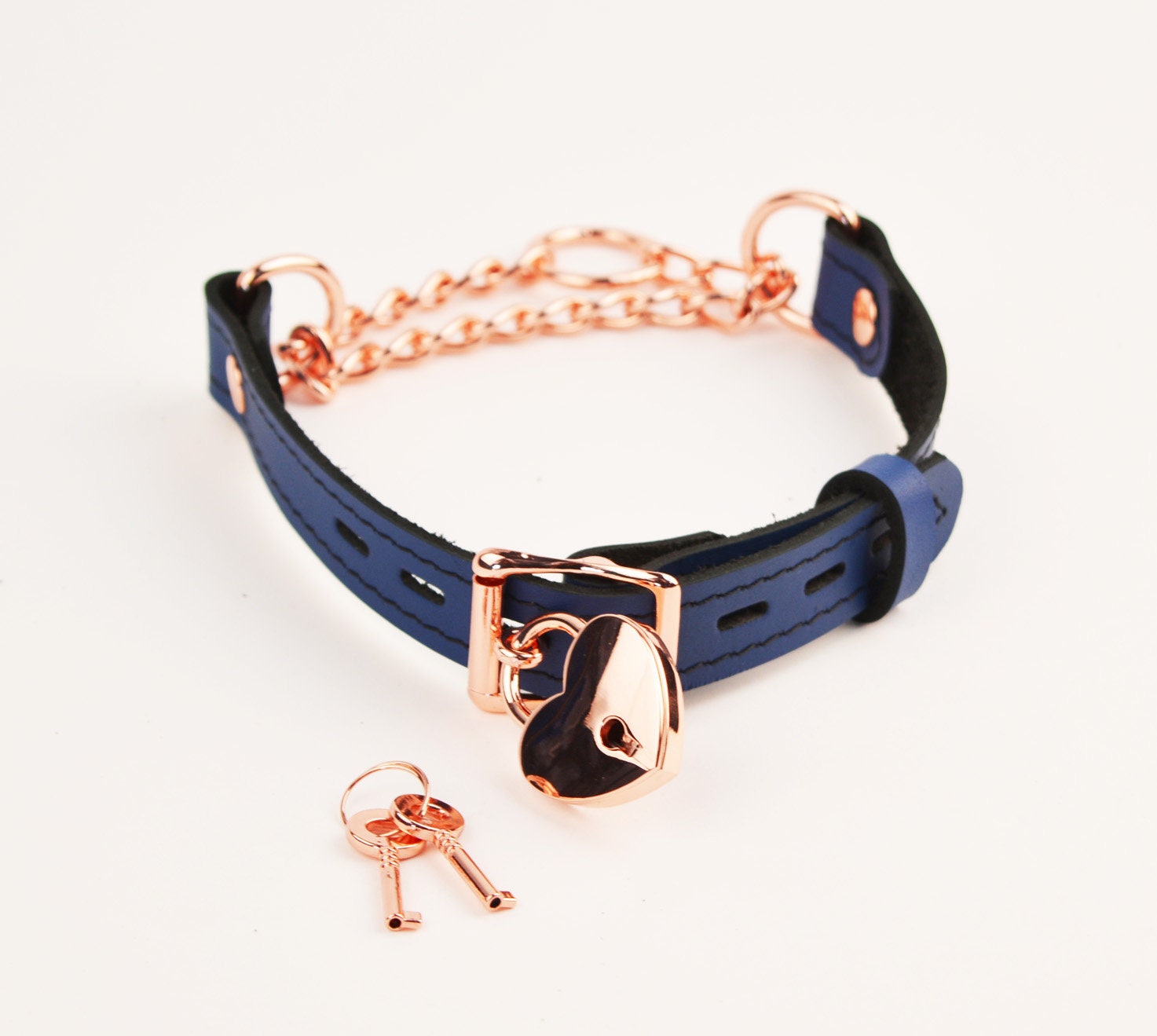 Deep Blue Custom Engraved Martingale Day Collar Luxury Leather with Round Rose Gold Pendant photo