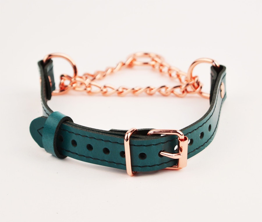 Emerald Green Custom Engraved Martingale Day Collar Luxury Leather with Round Rose Gold Pendant Image # 216957