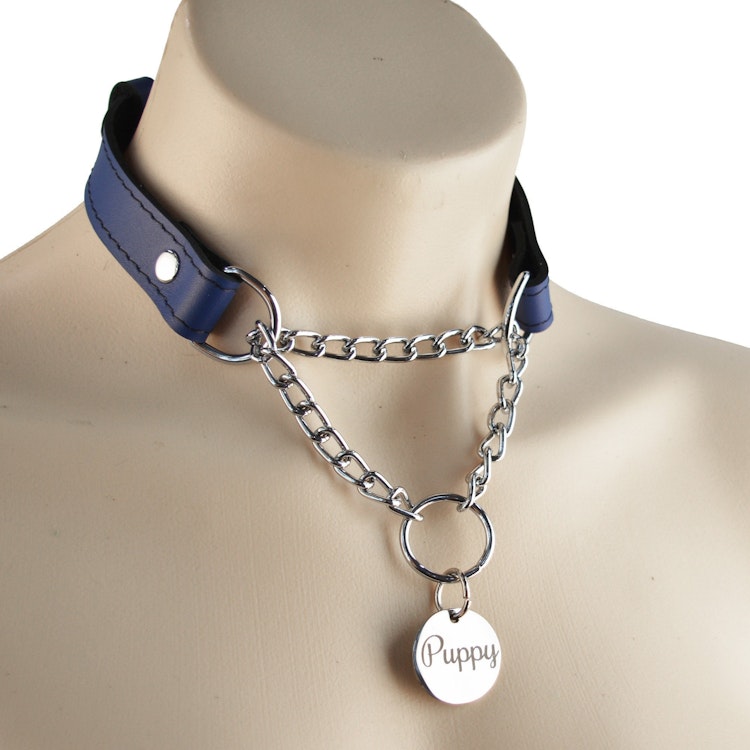 Deep Blue Custom Engraved Martingale Day Collar Luxury Leather with Round Silver Pendant photo