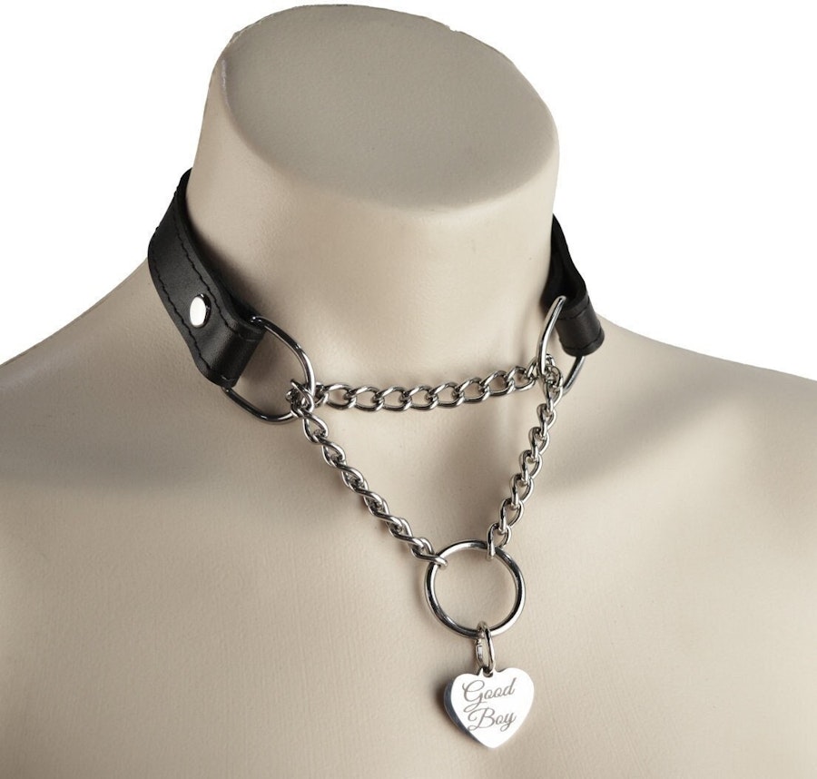 Black Leather Custom Engraved Martingale Day Collar with Silver Love Heart Pendant