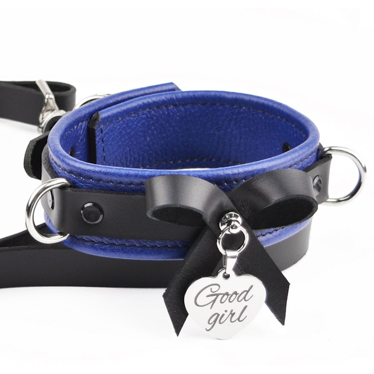 Premium BDSM Blue Leather Bow Collar & Leash With Custom Engraved Silver Pendant photo