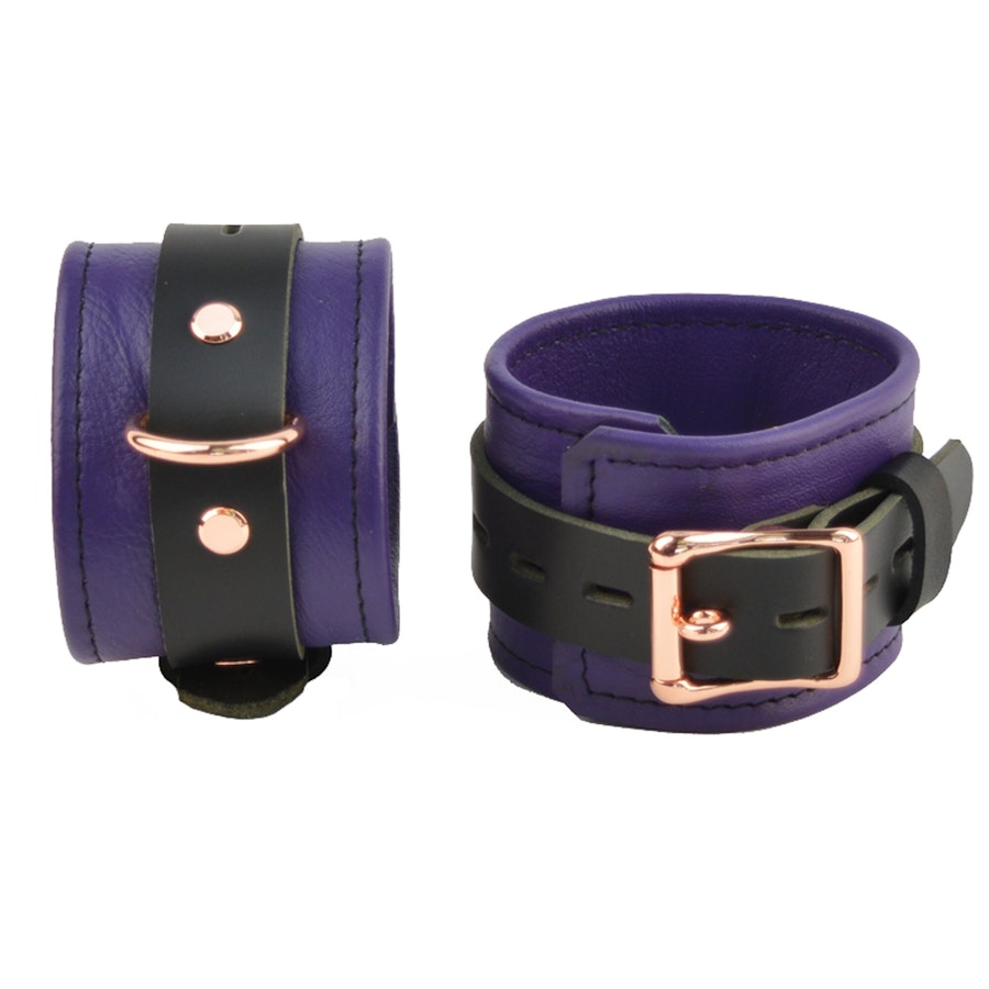 Purple Leather with Rose Gold Bondage Restraint Set Collar, Wrist Ankle and Thigh Cuffs, Cross Connector, Snaps Padlocks Image # 217270