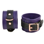 Purple Leather with Rose Gold Bondage Restraint Set Collar, Wrist Ankle and Thigh Cuffs, Cross Connector, Snaps Padlocks Thumbnail # 217270