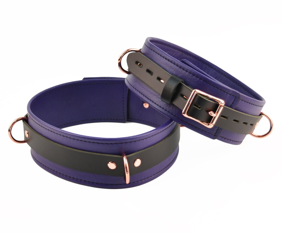 Purple Leather with Rose Gold Bondage Restraint Set Collar, Wrist Ankle and Thigh Cuffs, Cross Connector, Snaps Padlocks Image # 217271