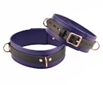 Purple Leather with Rose Gold Bondage Restraint Set Collar, Wrist Ankle and Thigh Cuffs, Cross Connector, Snaps Padlocks Thumbnail # 217271