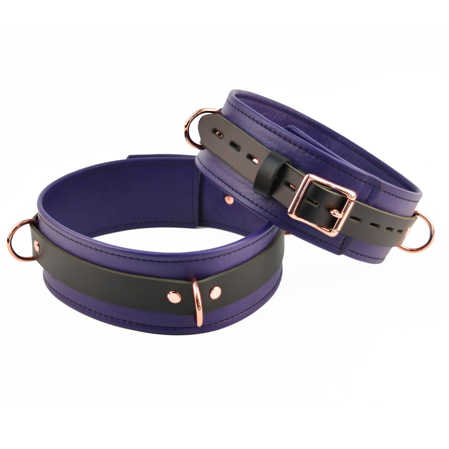 Purple Leather with Rose Gold Bondage Restraint Set Collar, Wrist Ankle and Thigh Cuffs, Cross Connector, Snaps Padlocks Image # 217272