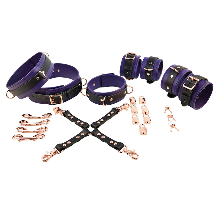 Purple Leather with Rose Gold Bondage Restraint Set Collar, Wrist Ankle and Thigh Cuffs, Cross Connector, Snaps Padlocks photo