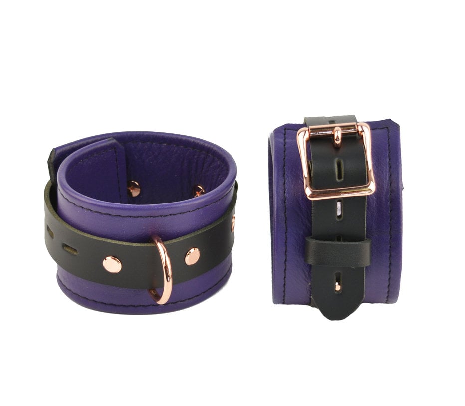 Purple Leather with Rose Gold Bondage Restraint Set Collar, Wrist Ankle and Thigh Cuffs, Cross Connector, Snaps Padlocks photo