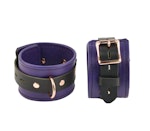 Purple Leather with Rose Gold Bondage Restraint Set Collar, Wrist Ankle and Thigh Cuffs, Cross Connector, Snaps Padlocks Thumbnail # 217267