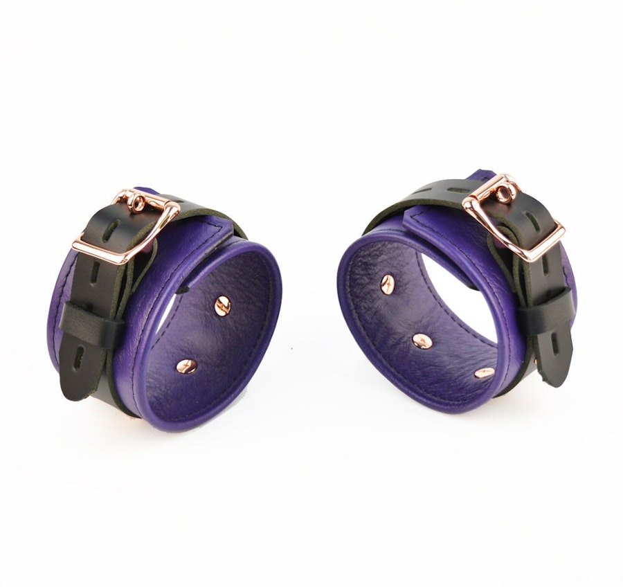 Purple Leather with Rose Gold Bondage Restraint Set Collar, Wrist Ankle and Thigh Cuffs, Cross Connector, Snaps Padlocks Image # 217268