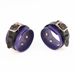 Purple Leather with Rose Gold Bondage Restraint Set Collar, Wrist Ankle and Thigh Cuffs, Cross Connector, Snaps Padlocks Thumbnail # 217268
