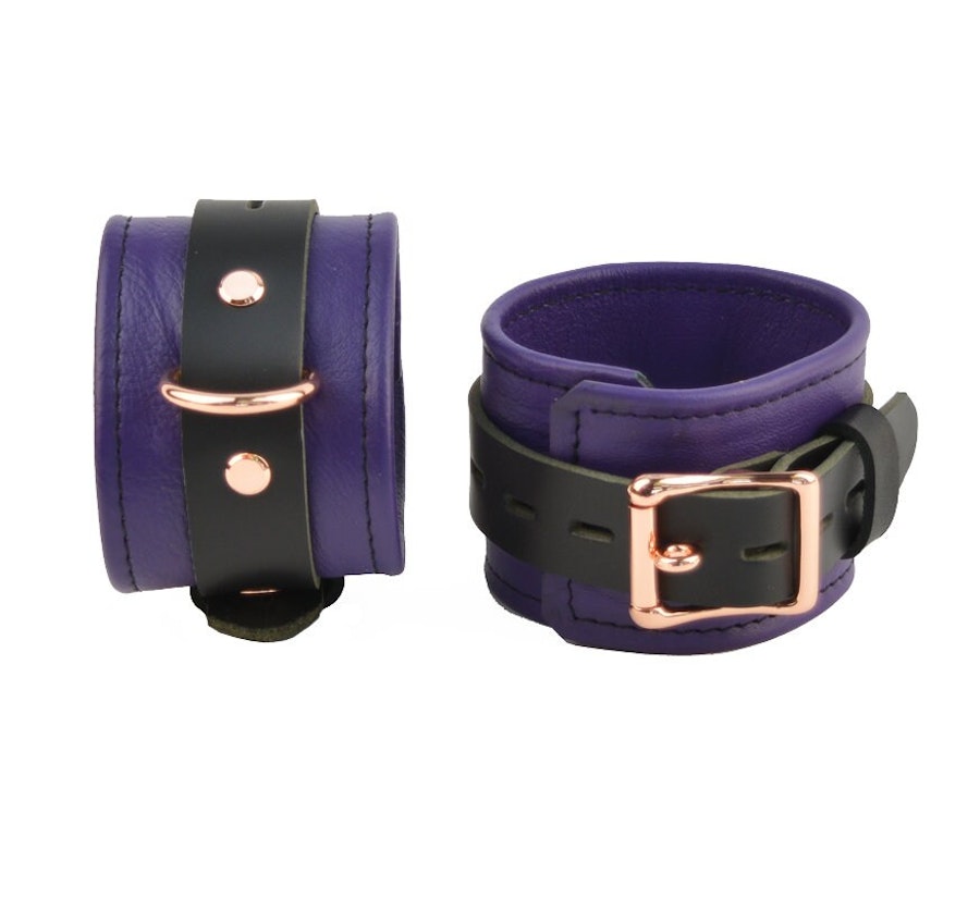 Purple Leather with Rose Gold Bondage Restraint Set Collar, Wrist Ankle and Thigh Cuffs, Cross Connector, Snaps Padlocks Image # 217269