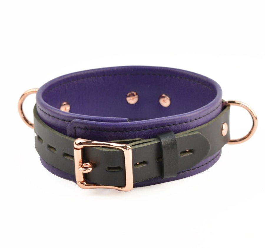 Purple Leather with Rose Gold Bondage Restraint Set Collar, Wrist Ankle and Thigh Cuffs, Cross Connector, Snaps Padlocks Image # 217274