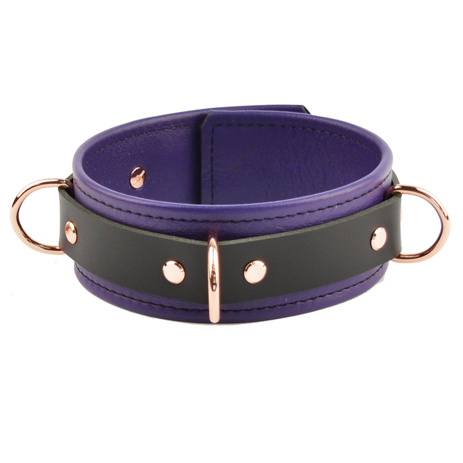 Purple Leather with Rose Gold Bondage Restraint Set Collar, Wrist Ankle and Thigh Cuffs, Cross Connector, Snaps Padlocks Image # 217273
