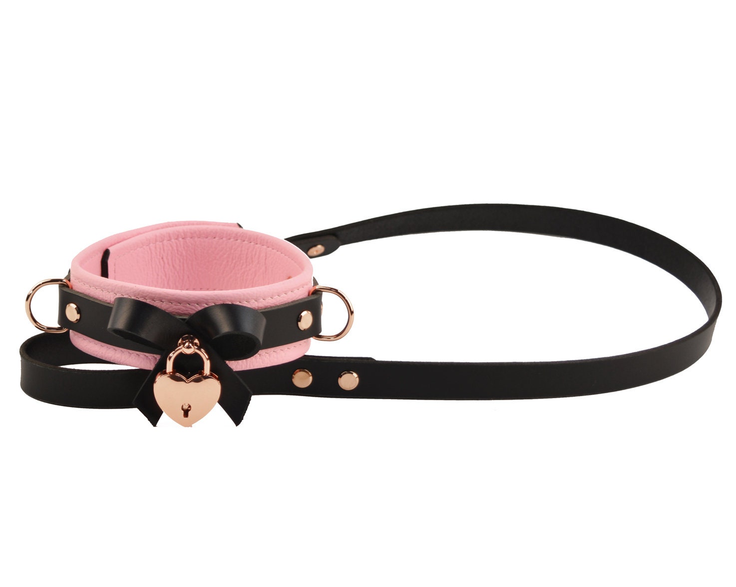 Premium BDSM Blush Pink Leather Bow Collar & Leash With Rose Gold Lock Pendant photo