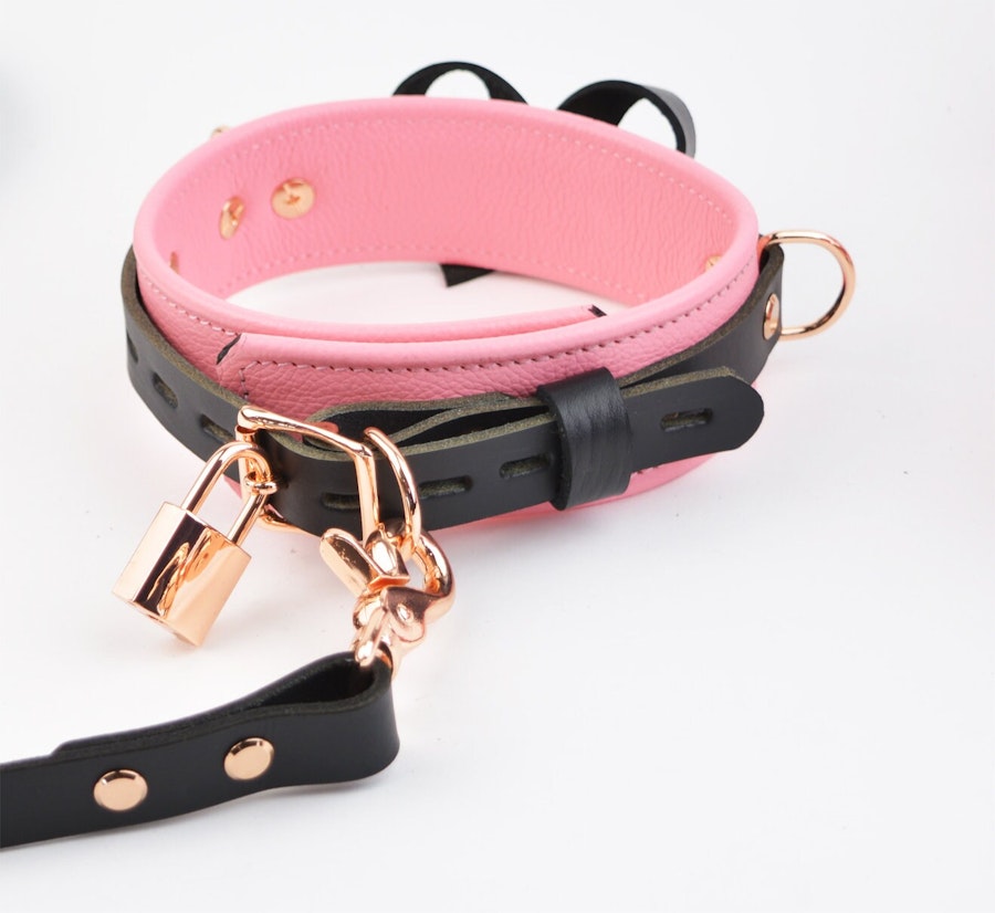 LIMITED EDT. Princess Pink Leather & Rose Gold Restraint Set - Wrist/Ankle Cuffs, Custom Engraved Bow Collar, Leash, Cross Connector Image # 217170