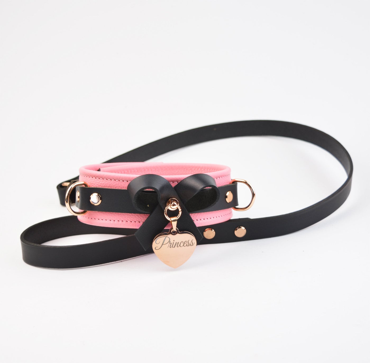 LIMITED EDT. Princess Pink Leather & Rose Gold Restraint Set - Wrist/Ankle Cuffs, Custom Engraved Bow Collar, Leash, Cross Connector photo